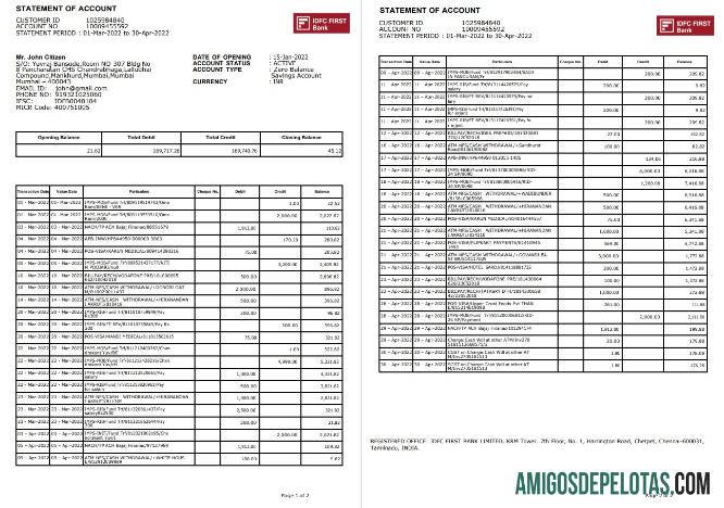 Primeiro extrato bancário do IDFC da Índia, exemplo de 2 páginas